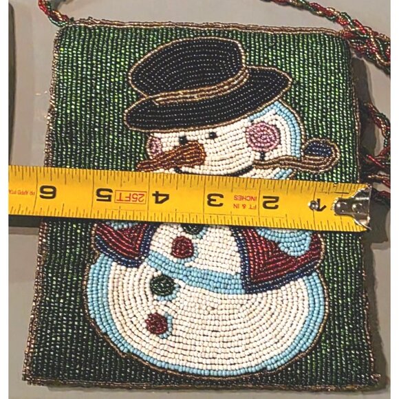 Purse Beaded Snowman Shoulder Bag Christmas Winter Green Red C. Marie 6x7" - Picture 9 of 11